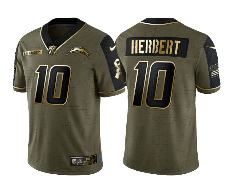 Men's Los Angeles Chargers #10 Justin Herbert 2021 Olive Golden Salute To Service Limited Stitched Jersey